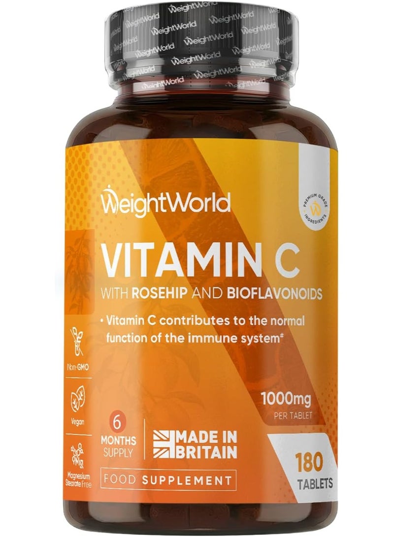 WeightWorld Vitamin C Tablets 1000mg - 180 Tablets - 6 Months Supply - Added Rosehips & Bioflavonoids - 1 per Day - Vegan & Non-GMO - Vit C Supplement (As L-Ascorbic Acid) - Easy-to-Break Pills - Made in the UK - Image 1