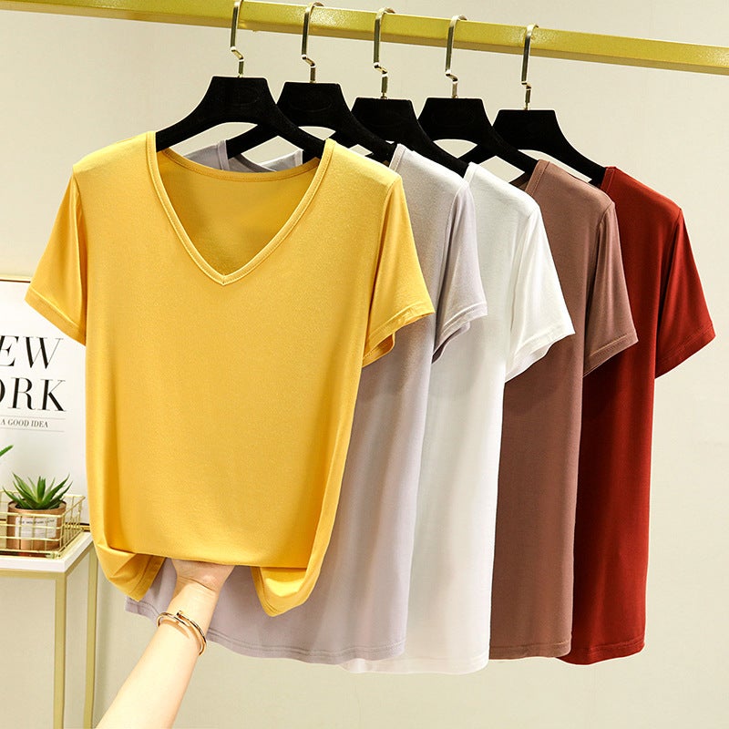 Modal Short-Sleeved T-Shirt Women'S Summer Plus Size Loose V-Neck Base Shirt Outer Wear Thin Inner Casual All-Match Top - Image 2
