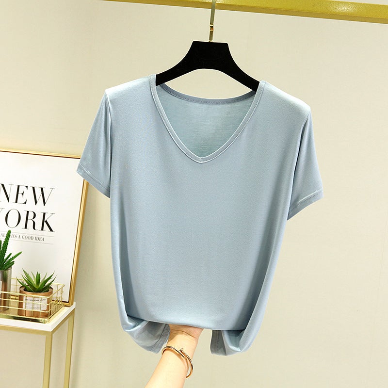 Modal Short-Sleeved T-Shirt Women'S Summer Plus Size Loose V-Neck Base Shirt Outer Wear Thin Inner Casual All-Match Top - Image 1