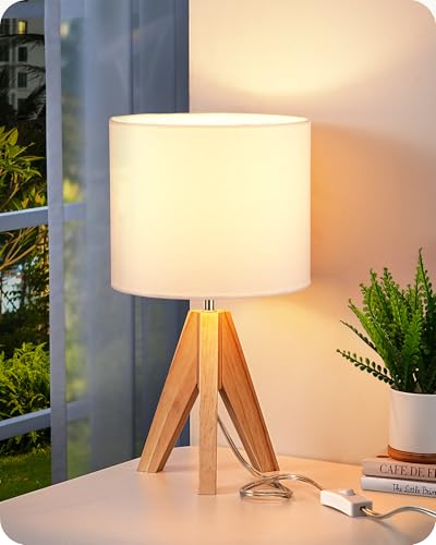 EDISHINE Small Cute Table Lamp Wood Tripod Nightstand Lamp Mid Century Bedside Lamp with Linen Fabric Shade for Nursery Living Room Bedroom End Table UL Listed 142 Inch ONOff Switch - Image 1
