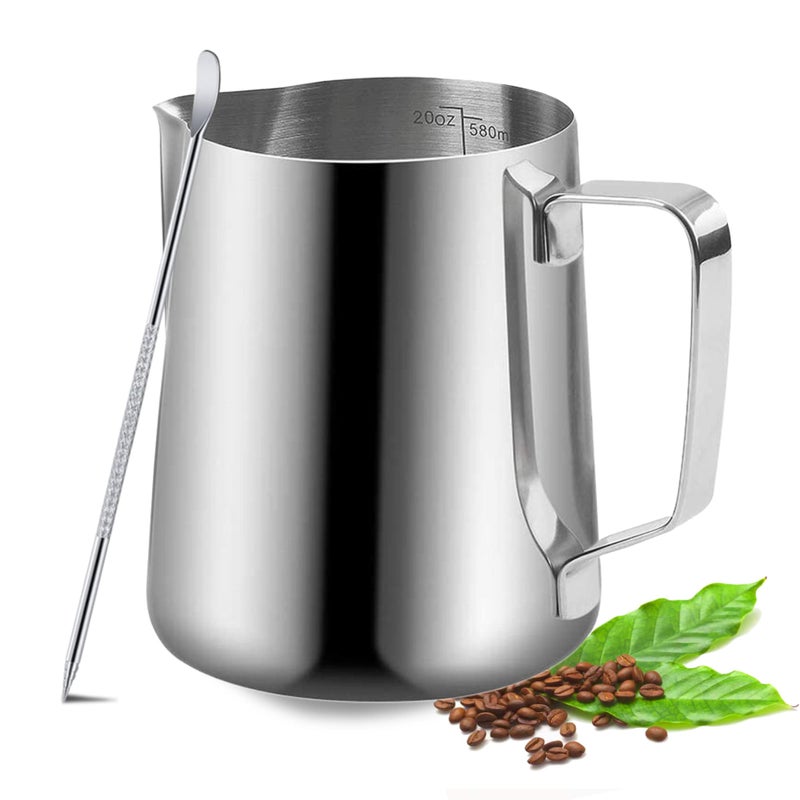 UMUACCAN Milk Frothing Pitcher 350ml600ml 12oz20oz Milk Frother Cup Stainless Steel Jug Steaming Pitcher Milk Coffee Cappuccino Latte Art Barista Steam Pitchers Milk Jug Cup with Decorating Pen 