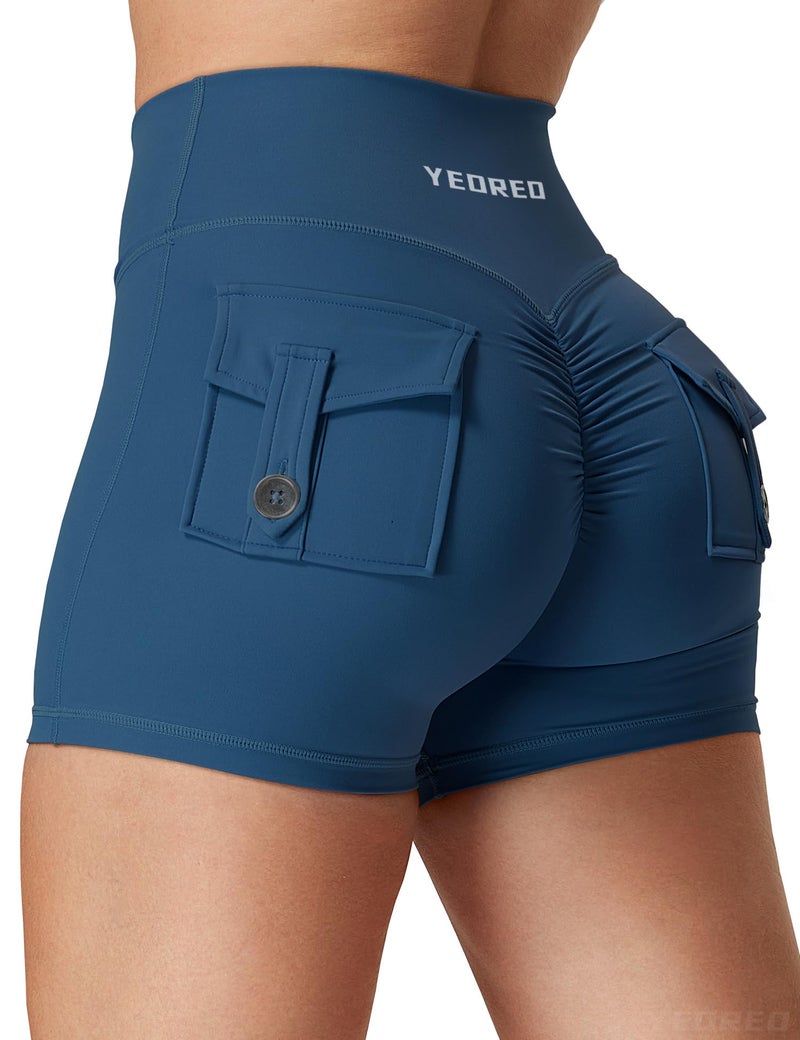 YEOREO Scrunch Workout Shorts with Pockets Charm Gym Biker Shorts for Women High Waisted Yoga Booty Shorts Dark Blue S - Image 1