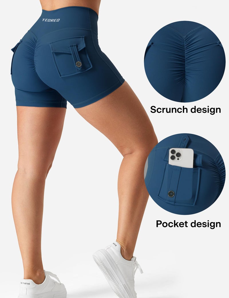 YEOREO Scrunch Workout Shorts with Pockets Charm Gym Biker Shorts for Women High Waisted Yoga Booty Shorts Dark Blue S - Image 4