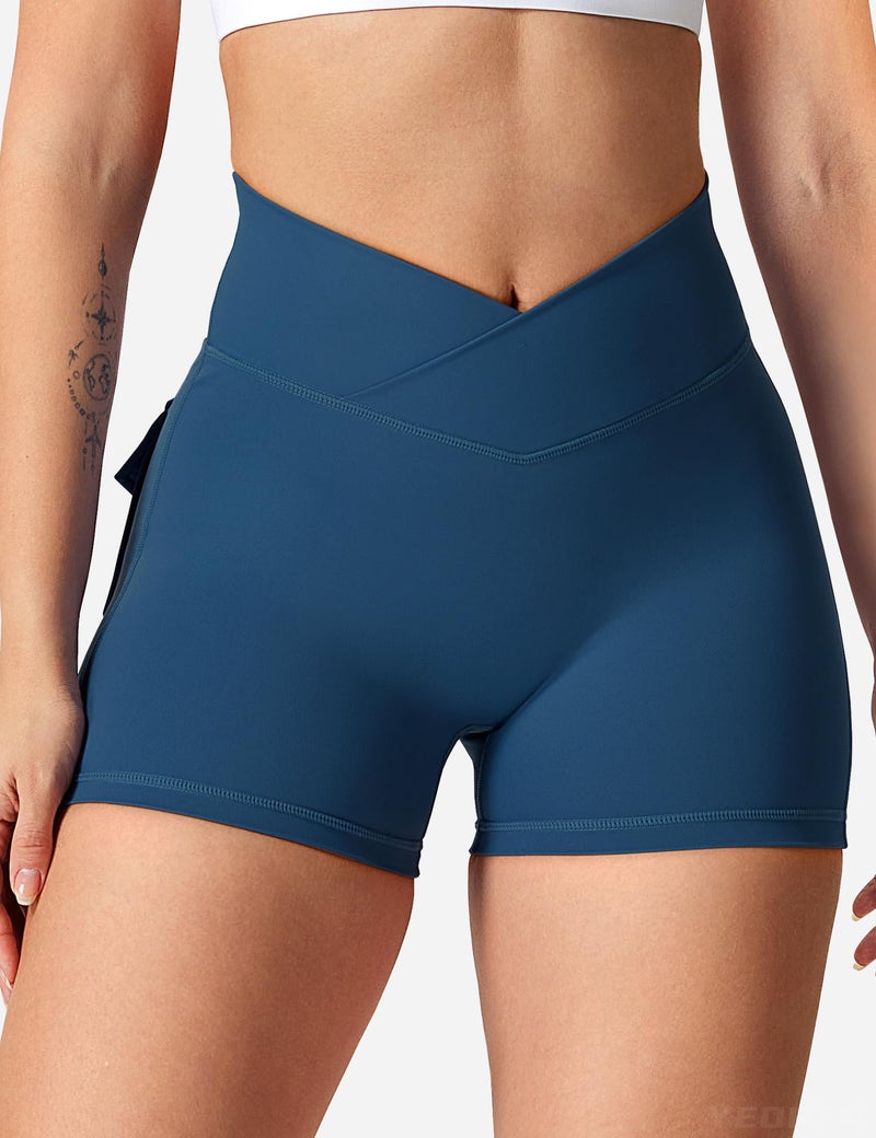 YEOREO Scrunch Workout Shorts with Pockets Charm Gym Biker Shorts for Women High Waisted Yoga Booty Shorts Dark Blue S - Image 2