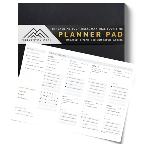 Productivity Store - Weekly Desk Planner Pad, 12-Month Productivity Planner, Tear-Out Deskpad for To-Do List, Productivity Tools for Time Management and Mindfulness, A4 Size, Black - Image 1