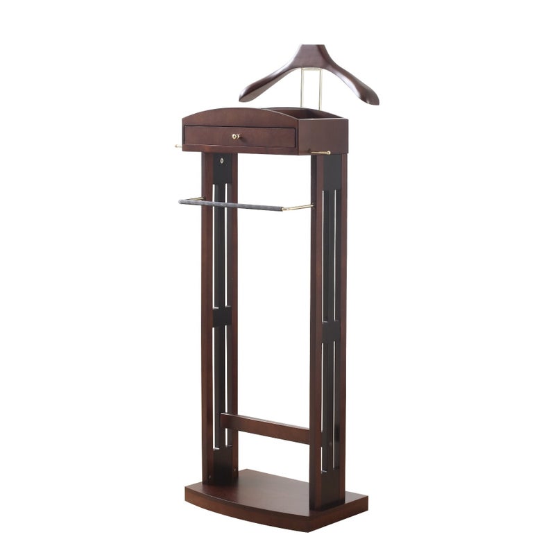 Proman Products Proman Products Milan Valet Stand with Drawer Top Tray Contour Hanger Trouser Bar Tie  Belt Hooks and Shoe Rack  VL16226 Dark Walnut 