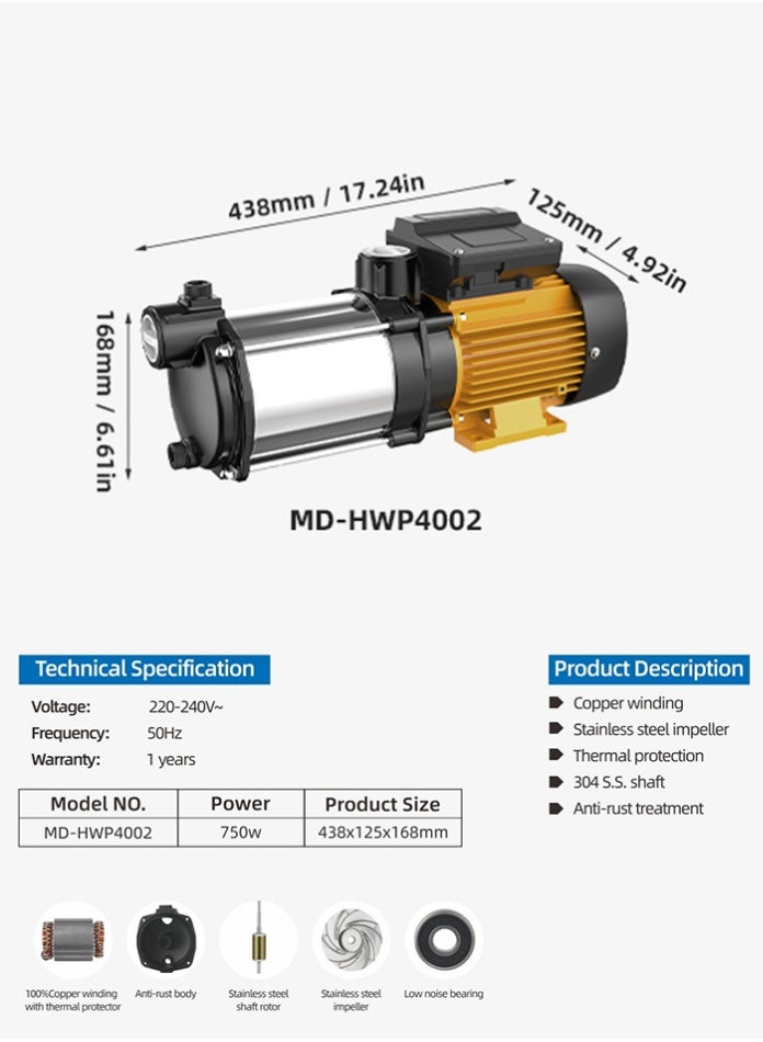 MODI 750W Heavy-Duty Water Pressure Booster Pump with Copper Winding Stainless Steel Impeller - High Pressure Water PumpThermal Protection Anti-Rust Body for Home Garden Irrigation and Water Supply - Image 3