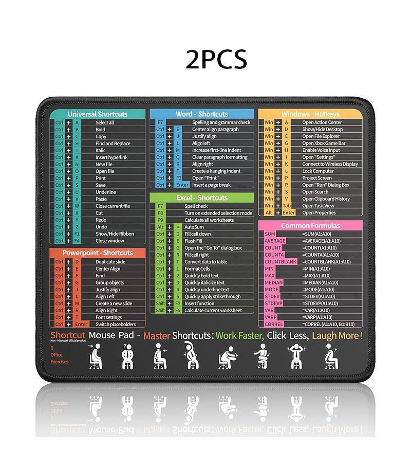 1 2pcs 8 27 X 10 24 Inches Office Mouse Pad With Excel Word PowerPoint Shortcuts Premium Micro Woven Fabric Rubber Non Slip Base 90 Shortcut Commands HD Printing Compatible With PC Laptop Wireless Mouse - Image 2