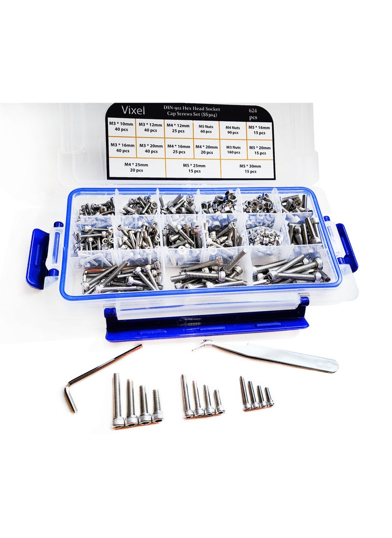 Vixel - 624 Pieces Din 912 Hex Head Socket Cap Screws Set, M3 To M5 Sizes, Stainless Steel, Includes Hexagonal Wrenches And Tweezer - Image 1