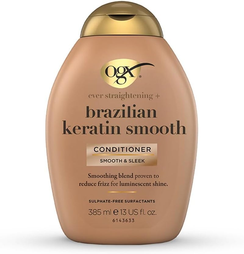OGX Brazilian Keratin Conditioner, 385ml, Sulfate & Paraben Free Softening & Straightening, Nourishing Formula for Frizz-Free & Shiny Hair