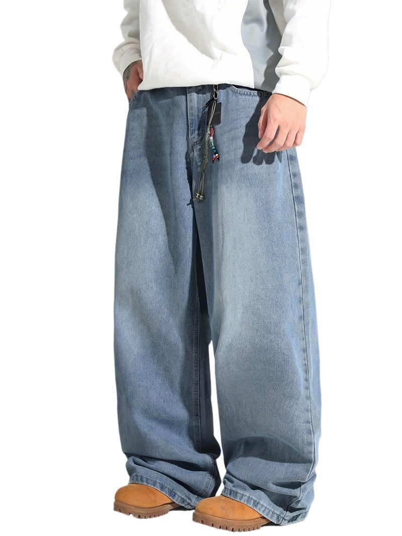 American Vintage Distressed Washed Loose Jeans, Street Trendy Fashion Versatile Blue Trousers, Unisex () - Image 1