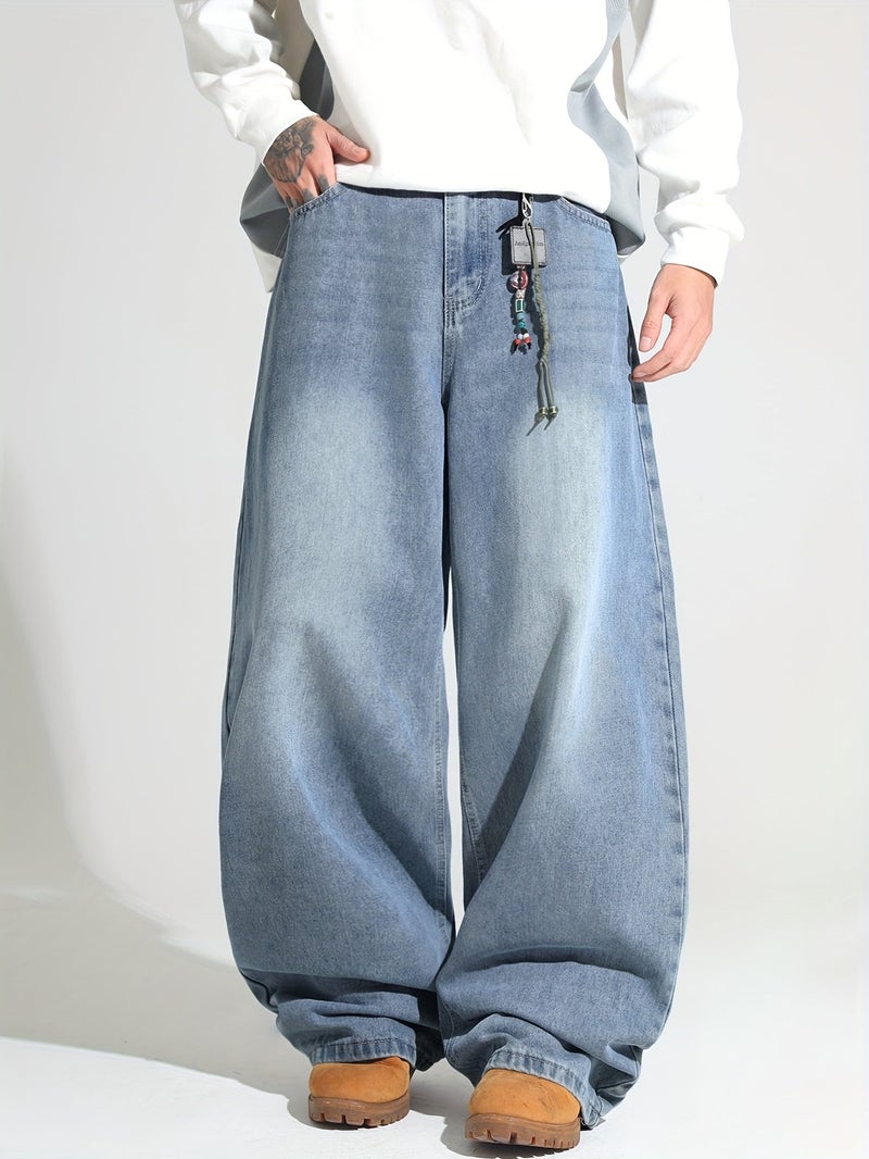 American Vintage Distressed Washed Loose Jeans, Street Trendy Fashion Versatile Blue Trousers, Unisex () - Image 2