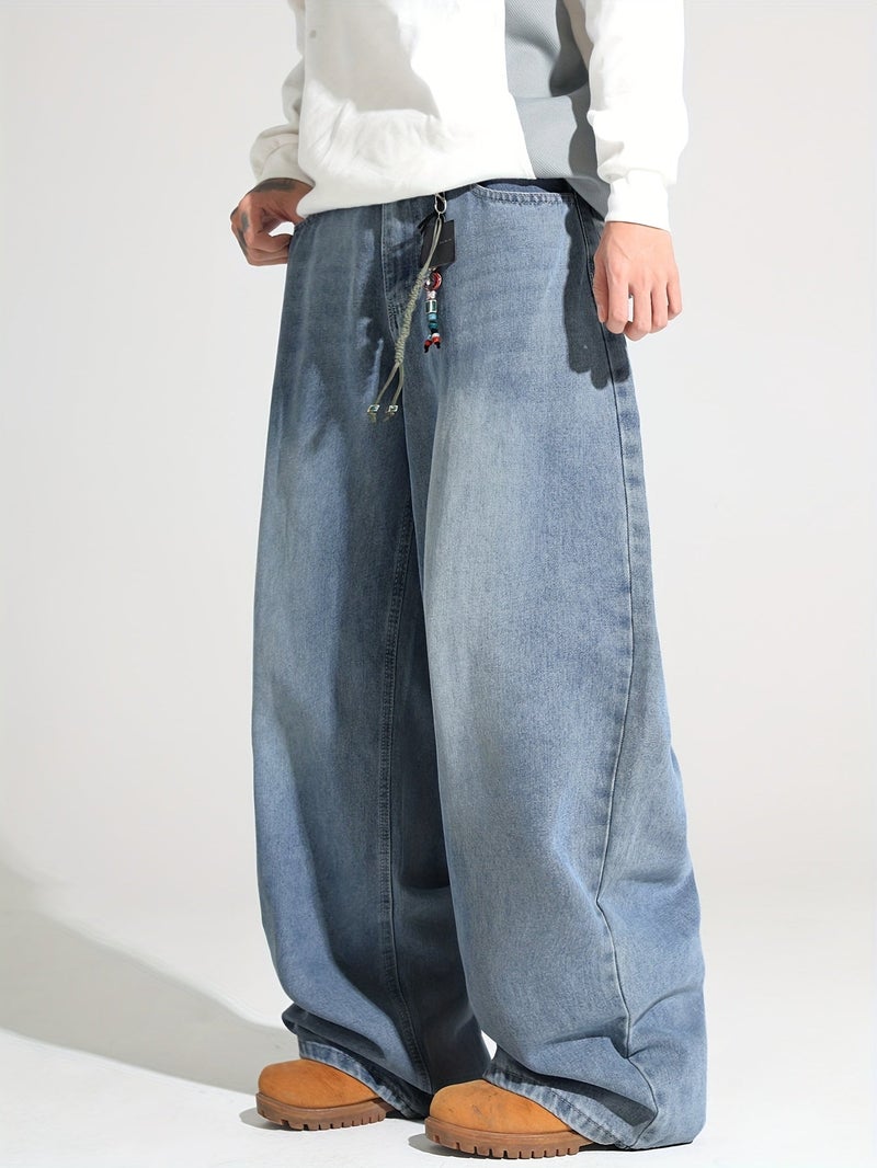 American Vintage Distressed Washed Loose Jeans, Street Trendy Fashion Versatile Blue Trousers, Unisex () - Image 4
