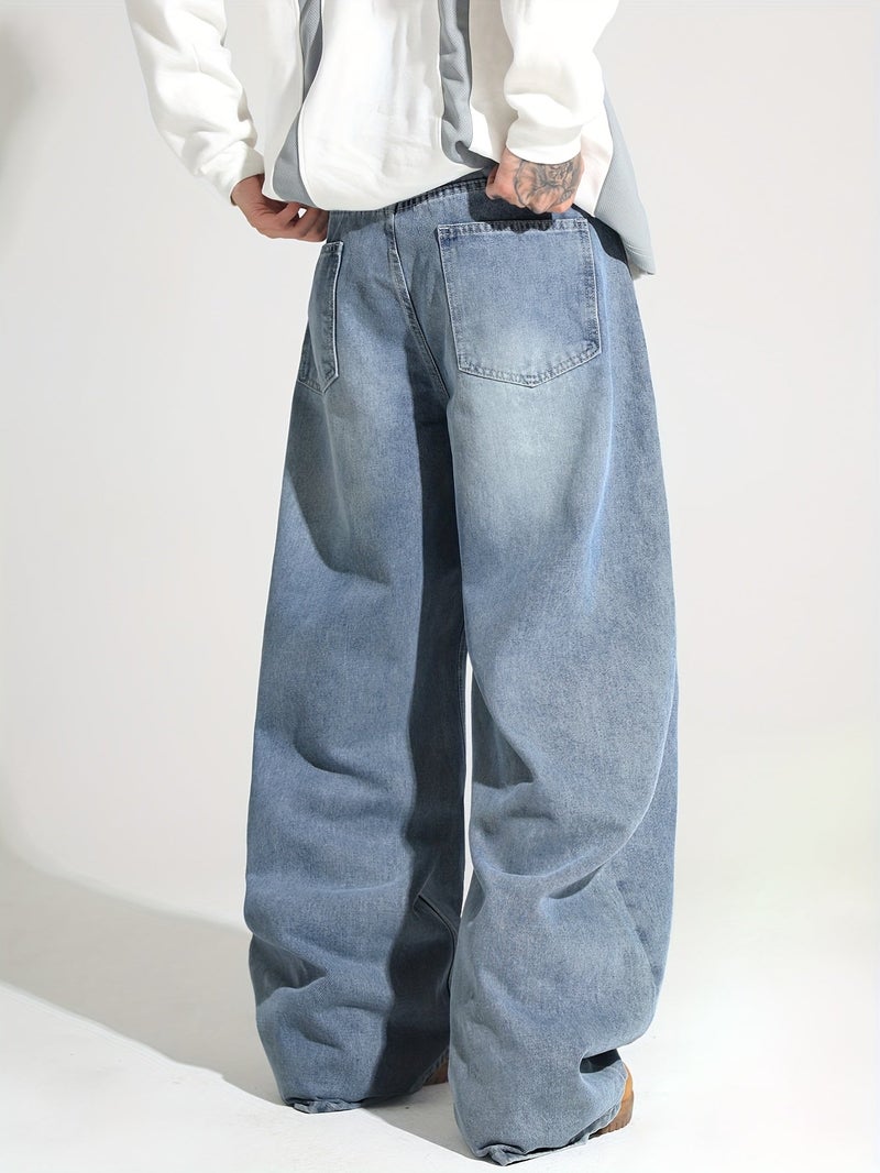 American Vintage Distressed Washed Loose Jeans, Street Trendy Fashion Versatile Blue Trousers, Unisex () - Image 5