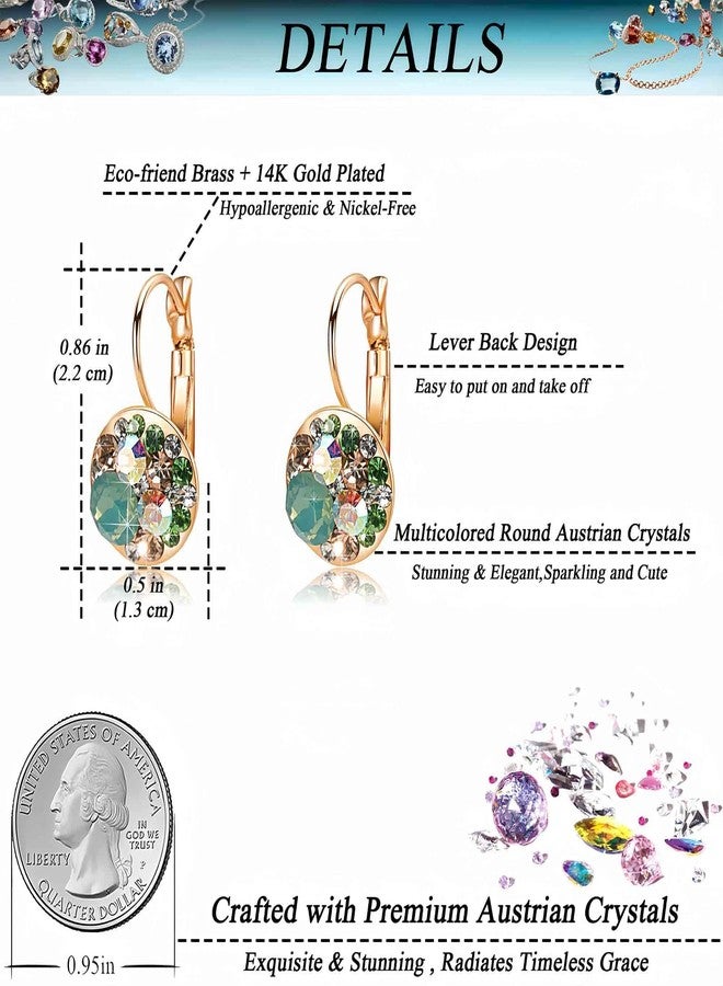 EVEVIC Multicolored Austrian Crystal Earrings for Women 14K Gold Plated Leverback Dangle Hoop Earrings (Green Opal+Aurora Borealis Crystal) - Image 4