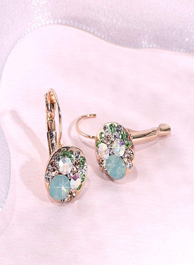 EVEVIC Multicolored Austrian Crystal Earrings for Women 14K Gold Plated Leverback Dangle Hoop Earrings (Green Opal+Aurora Borealis Crystal) - Image 5