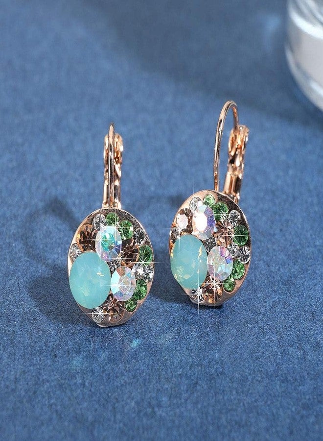 EVEVIC Multicolored Austrian Crystal Earrings for Women 14K Gold Plated Leverback Dangle Hoop Earrings (Green Opal+Aurora Borealis Crystal) - Image 3