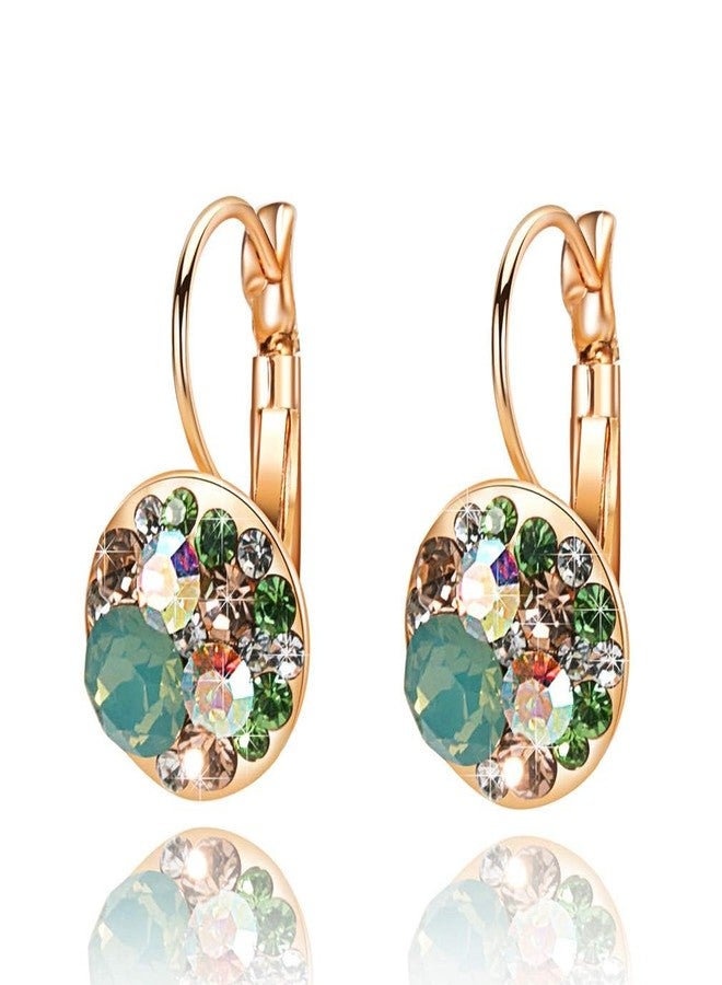 EVEVIC Multicolored Austrian Crystal Earrings for Women 14K Gold Plated Leverback Dangle Hoop Earrings (Green Opal+Aurora Borealis Crystal) - Image 1