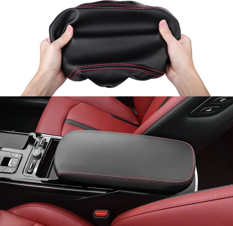 ANFOKAS for Kia K5 2024 2023 2022 2021 Accessories Leather Car Armrest Cover Armrest Storage Box Lid Center Console Seat Cover Protector -Black with Red Stitches - Image 1