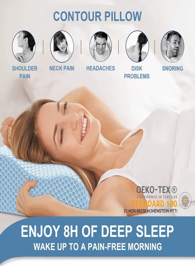 Anvo Memory Foam Pillow, Neck Contour Cervical Orthopedic Bed Pillow for Sleeping Side Back Stomach Sleeper, Ergonomic Design for Neck and Shoulder Pain Relief, Blue White, Firm - Image 4