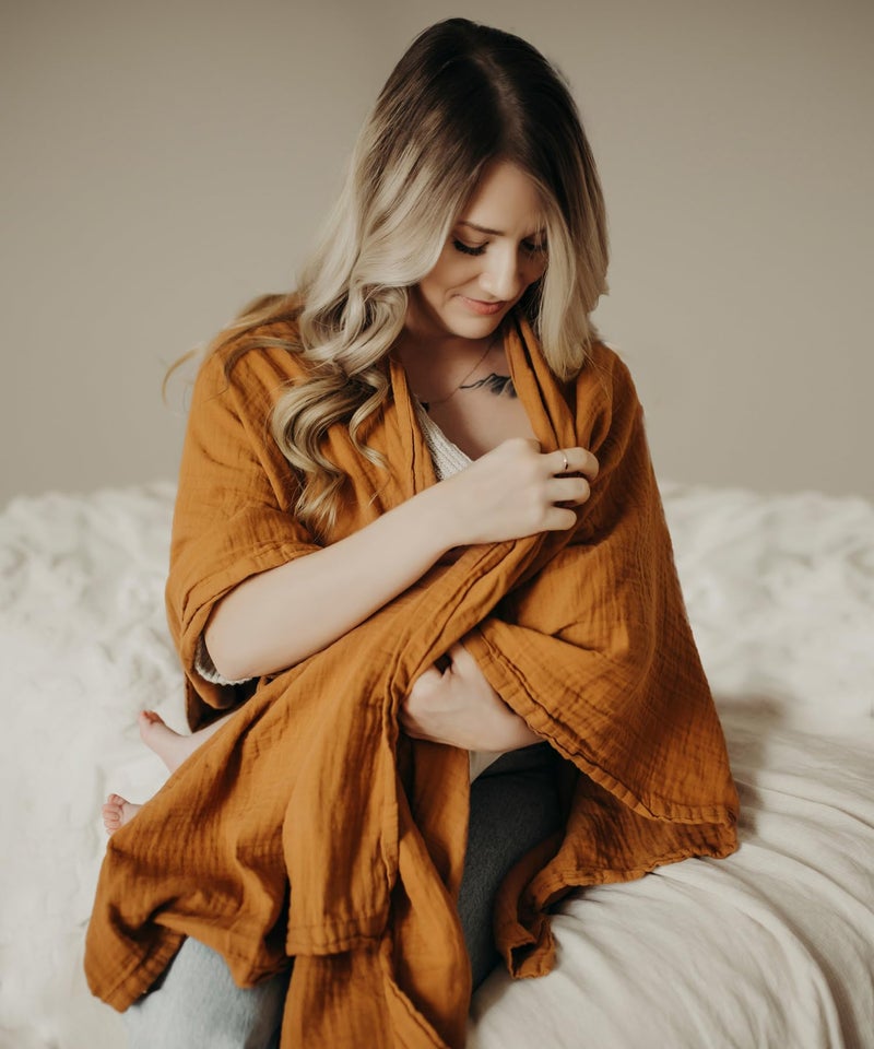 Kishu Baby Indi by Kishu Baby Organic Muslin Nursing Cover - Fairtrade Shawl-Style Breastfeeding Cover, Breathable Scarf Wrap for Moms, Privacy Nursing Cover Up (Caramel) - Image 1