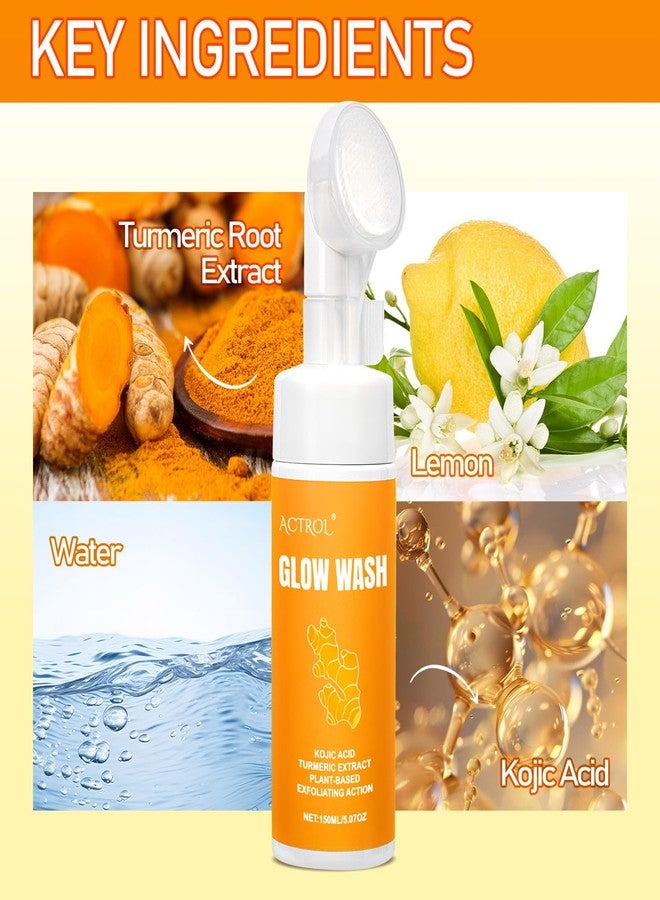ACTROL Turmeric Face Wash with Brush 150ml Natural Turmeric Facial Foam Cleanser Deep Cleansing Glow Wash Suitable for All Skin Types - Image 2