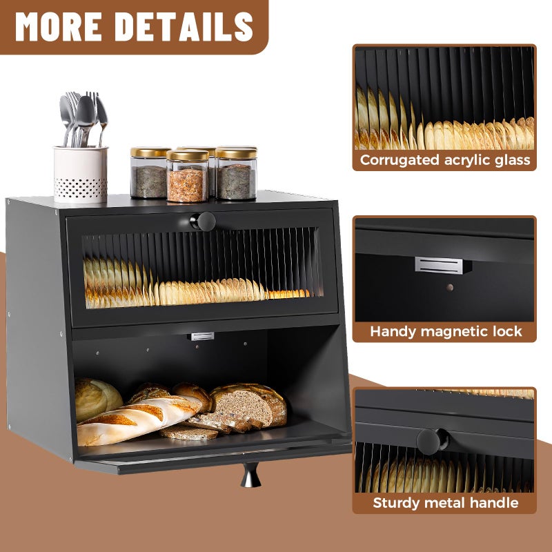 JUATPNIY Bread Box for Kitchen Countertop,Extra Large 2 Layer Breadbox Wooden Farmhouse Bread Storage Container Bread Bin Bread Holder Food Organizer Pantry Shelf Acrylic Window(Black) - Image 4
