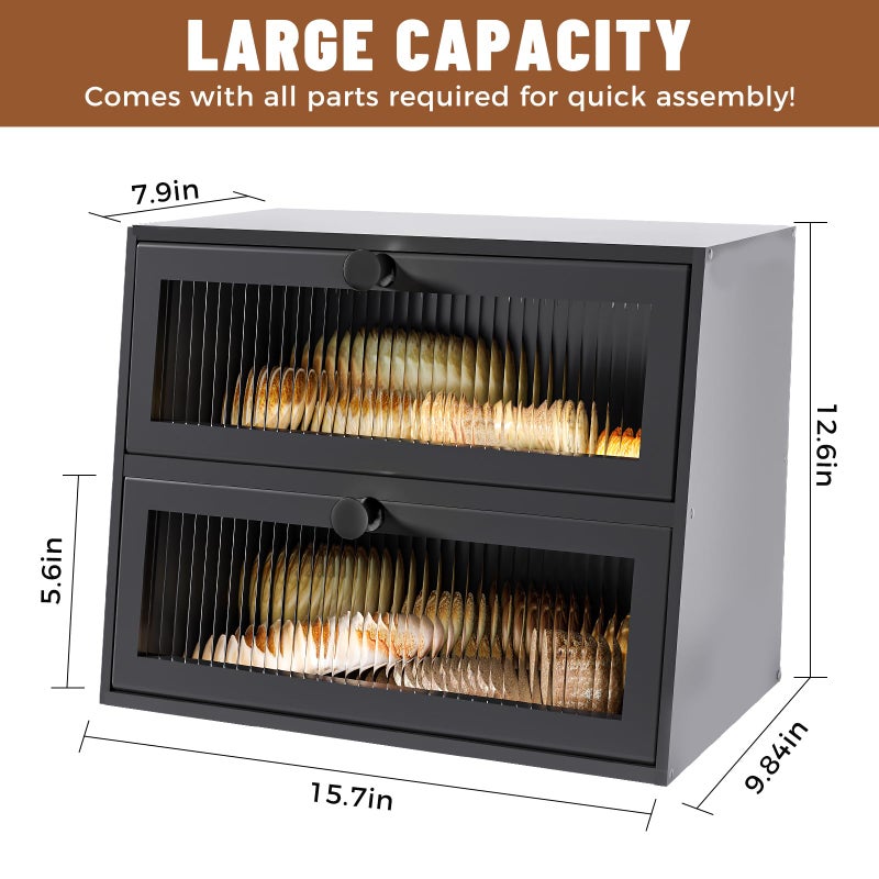 JUATPNIY Bread Box for Kitchen Countertop,Extra Large 2 Layer Breadbox Wooden Farmhouse Bread Storage Container Bread Bin Bread Holder Food Organizer Pantry Shelf Acrylic Window(Black) - Image 5