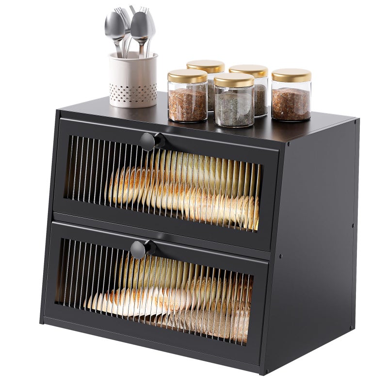 JUATPNIY Bread Box for Kitchen Countertop,Extra Large 2 Layer Breadbox Wooden Farmhouse Bread Storage Container Bread Bin Bread Holder Food Organizer Pantry Shelf Acrylic Window(Black) - Image 1