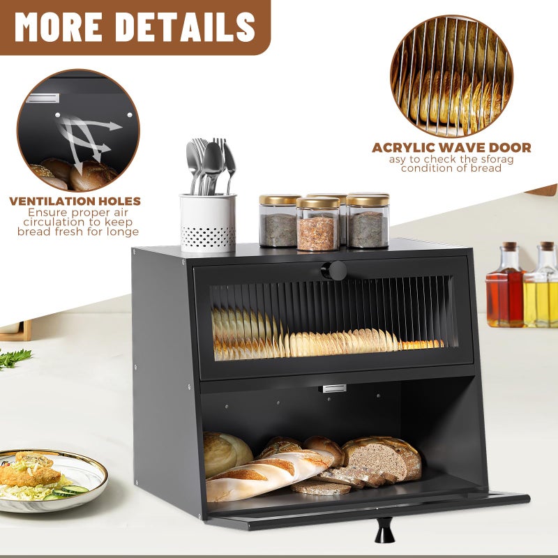 JUATPNIY Bread Box for Kitchen Countertop,Extra Large 2 Layer Breadbox Wooden Farmhouse Bread Storage Container Bread Bin Bread Holder Food Organizer Pantry Shelf Acrylic Window(Black) - Image 2