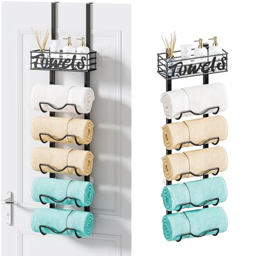 HapiRm Over The Door Towel Rack - 6 Tier Wall Mount Rolled Towel Holder Storage Organizer Shelf with Storage Basket for Small Bathroom, Rv, Camper - Black - Image 1