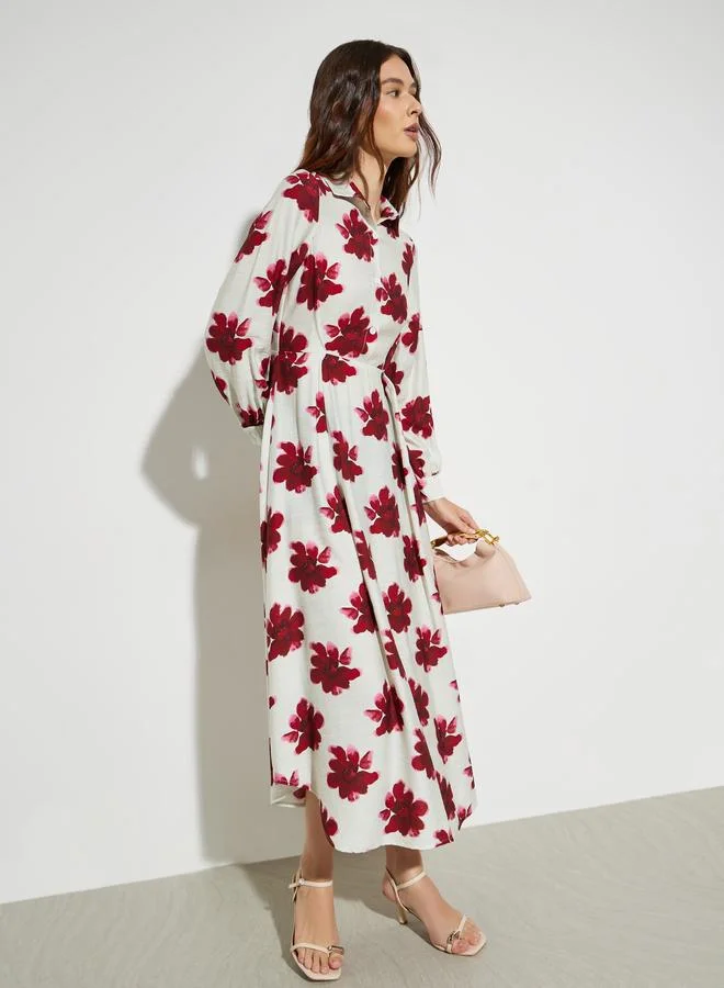 Styli off-white with red floral Red Floral Print Long Sleeves Shirt Midi Dress for Women | Best Price UAE