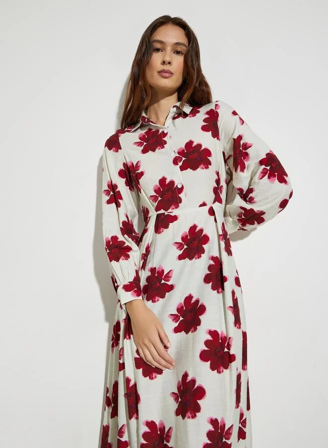 Red Floral Print Long Sleeves Shirt Midi Dress