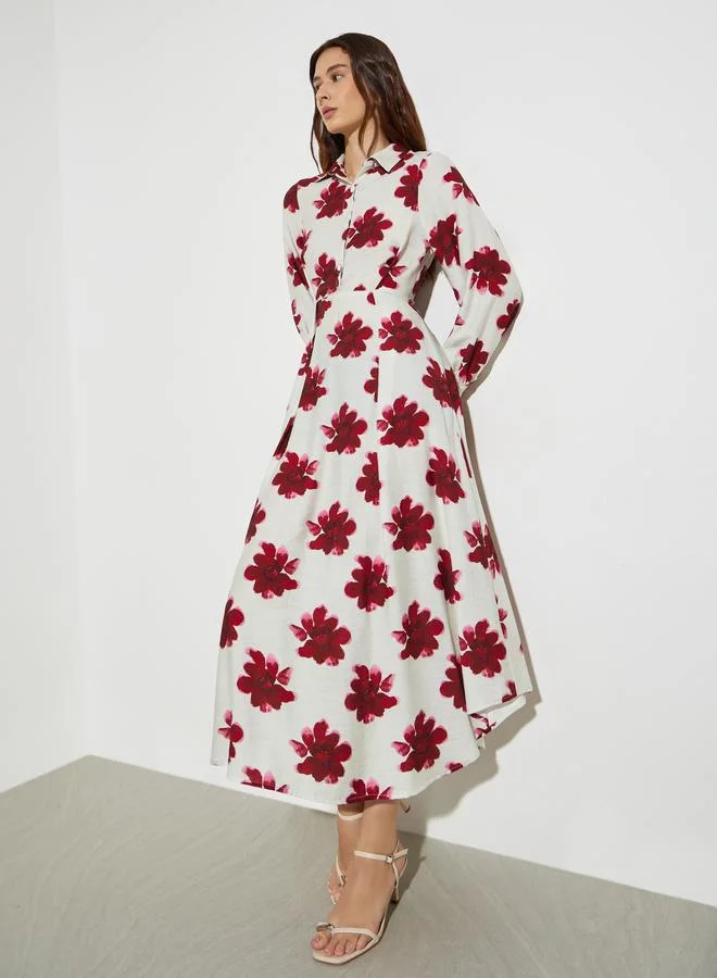 Styli off-white with red floral Red Floral Print Long Sleeves Shirt Midi Dress for Women | Best Price UAE