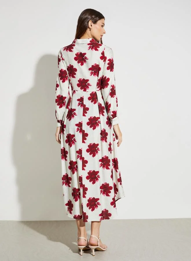 Styli off-white with red floral Red Floral Print Long Sleeves Shirt Midi Dress for Women | Best Price UAE