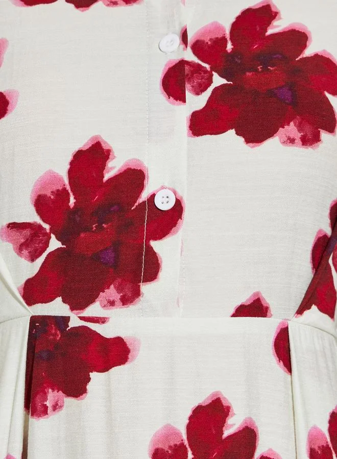 Styli off-white with red floral Red Floral Print Long Sleeves Shirt Midi Dress for Women | Best Price UAE