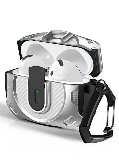 Airpods 4 Case Hard Shell Protective Armor LED Visible Wireless Charging Case Cover with Lock - Silver