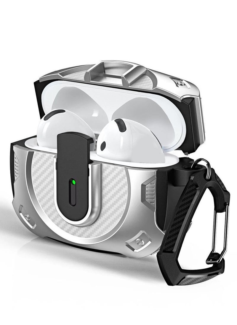 Airpods 4 Case Hard Shell Protective Armor LED Visible Wireless Charging Case Cover with Lock - Silver