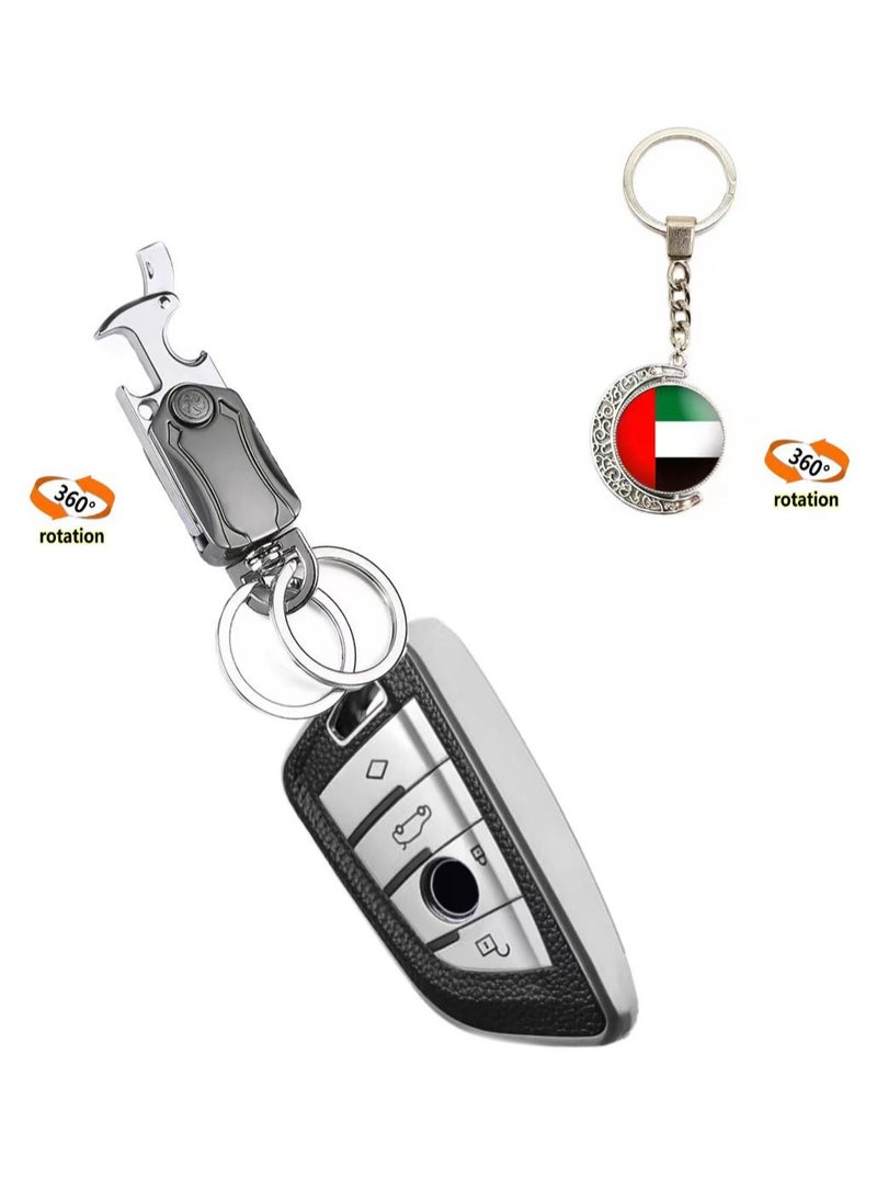 OUYoo - OUYoo For BMW Key Fob Cover with Metal fidget spinner key chain, UAE flag key chain, Upgraded Blade Shape Soft TPU Surface Grain Key Case for New BMW Key Fob Shell (Silver) - Image 1
