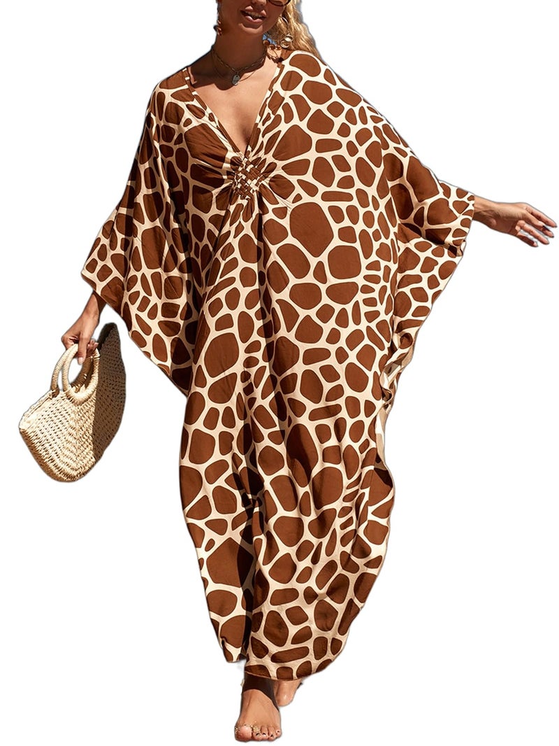 IMAGEKOPE Women's Plus Size Animal Print V-Neck Batwing Kaftan Beach Dress Bathing Suit Cover-Up Loungewear - Image 1
