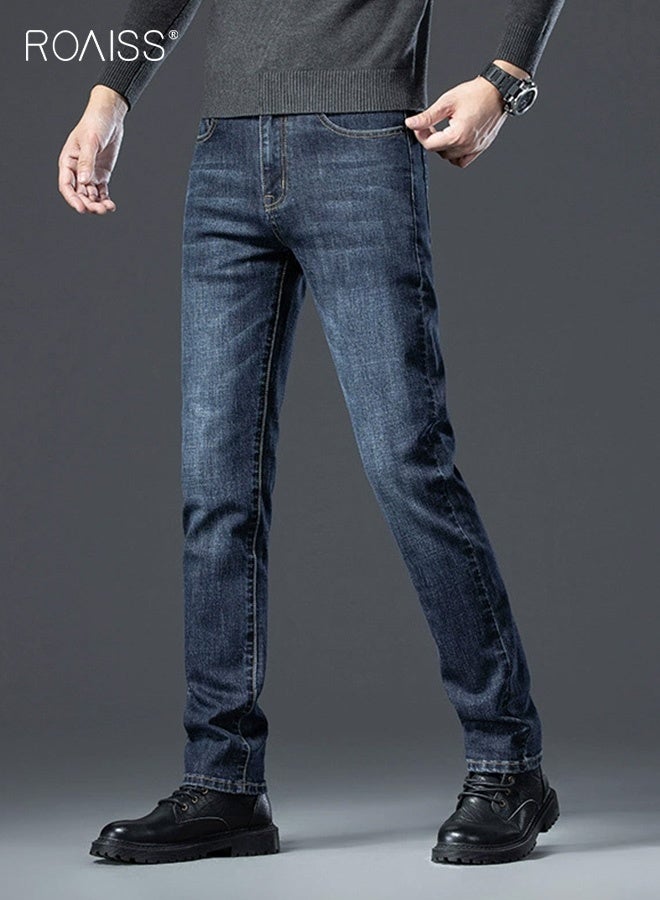 Men's New High-End Jeans Business Work Mature Man Trousers Straight Slim Stretch Casual Pants for Men Thin Good Elastic Pants Blue Wearable in All Seasons