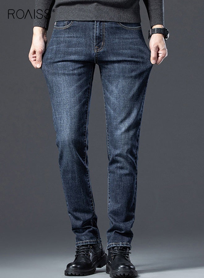 roaiss Men's New High-End Jeans Business Work Mature Man Trousers Straight Slim Stretch Casual Pants for Men Thin Good Elastic Pants Blue Wearable in All Seasons  - Image 2