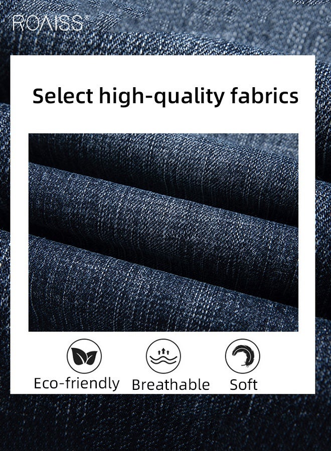 roaiss Men's New High-End Jeans Business Work Mature Man Trousers Straight Slim Stretch Casual Pants for Men Thin Good Elastic Pants Blue Wearable in All Seasons  - Image 4