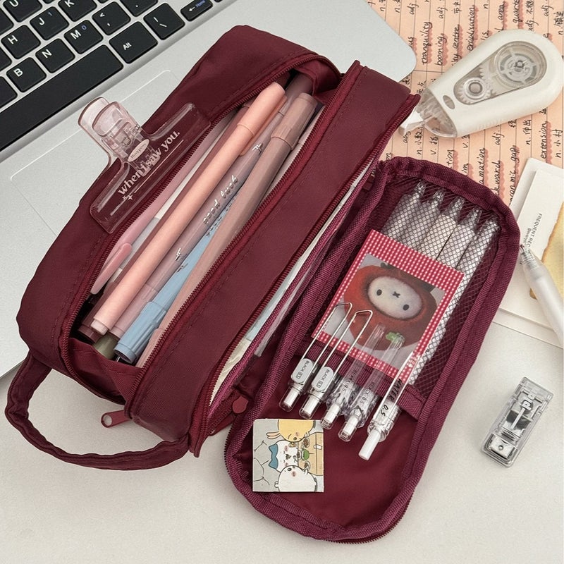 Solid Color Partition Pencil Case, New Style, High Capacity, Layered Mesh, Essential for Students