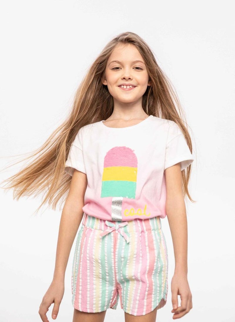 مينوتي شورت قطني للبنات للأطفال بنقشة مخططة وربطة خصر - Image 1