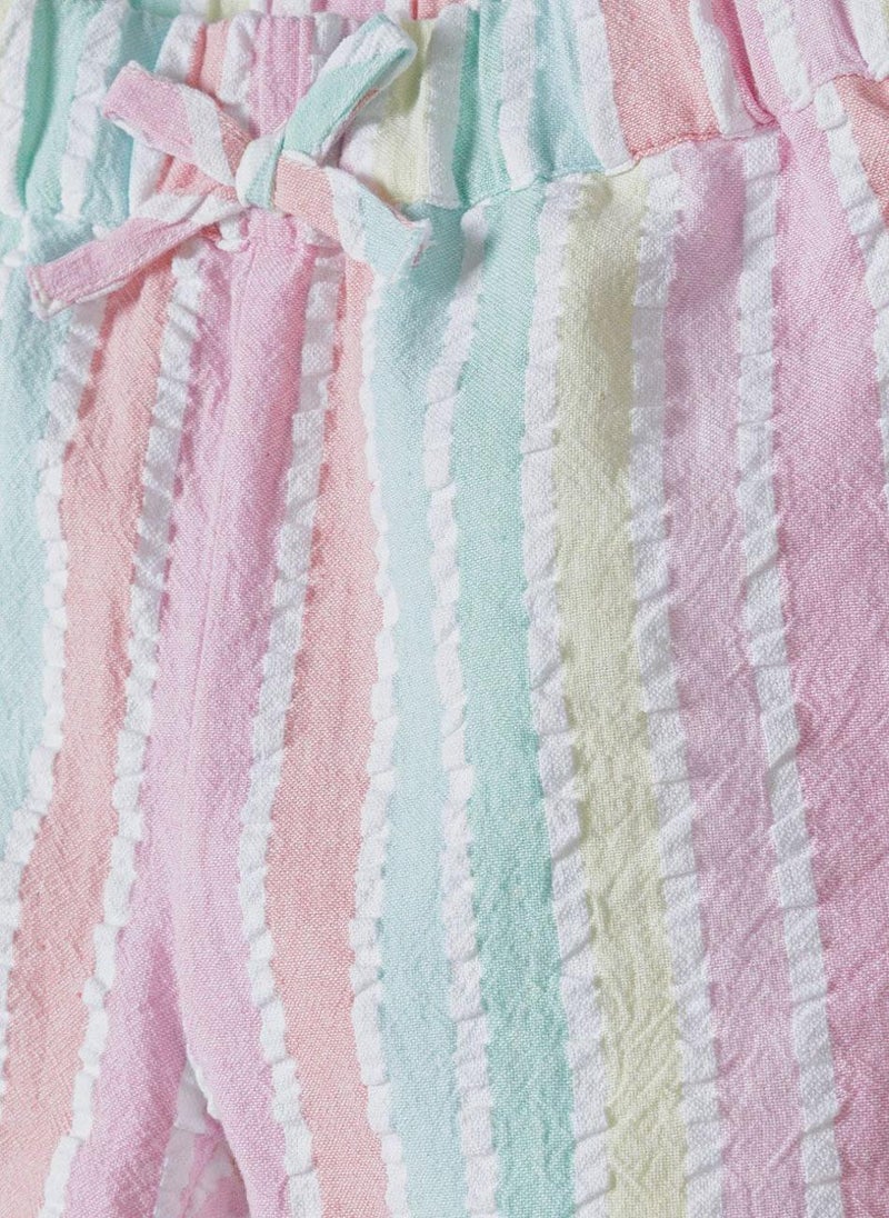 مينوتي شورت قطني للبنات للأطفال بنقشة مخططة وربطة خصر - Image 4