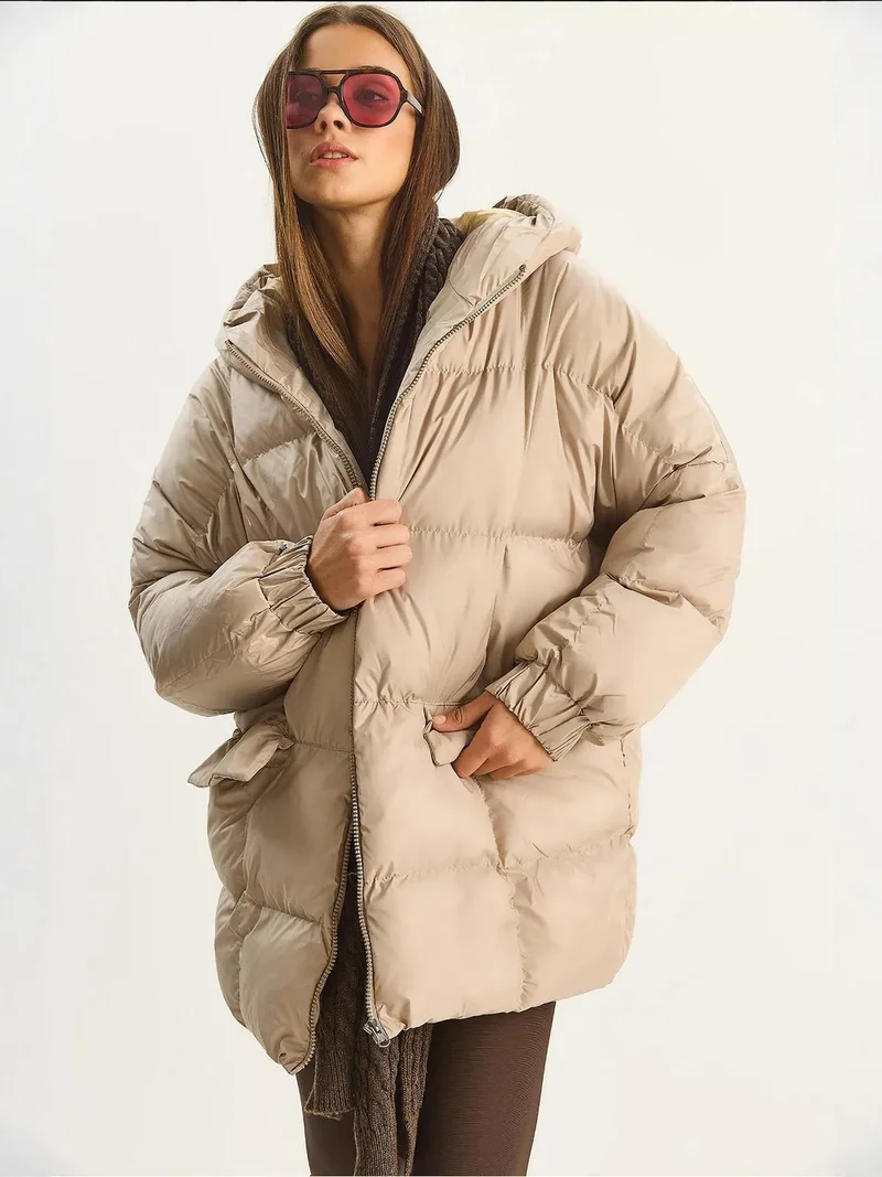 Bianco Lucci Beige Natural LUCCI Hooded Oversized Thick Puffer Jacket for Women | Best Price UAE
