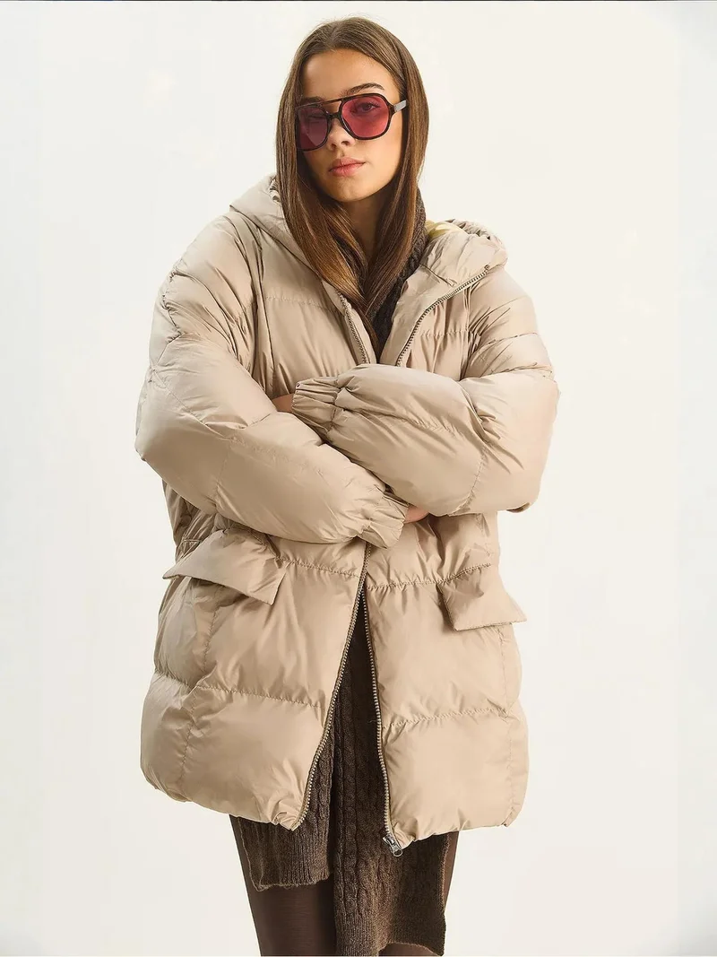 Bianco Lucci Beige Natural LUCCI Hooded Oversized Thick Puffer Jacket for Women | Best Price UAE