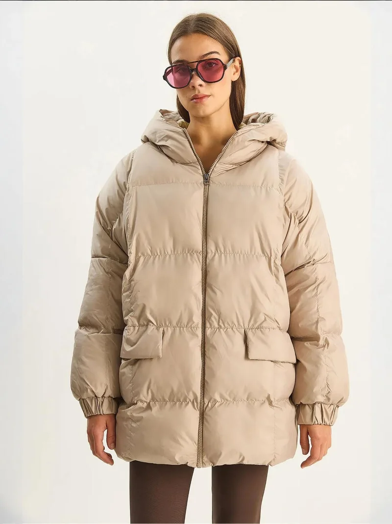 Bianco Lucci Beige Natural LUCCI Hooded Oversized Thick Puffer Jacket for Women | Best Price UAE