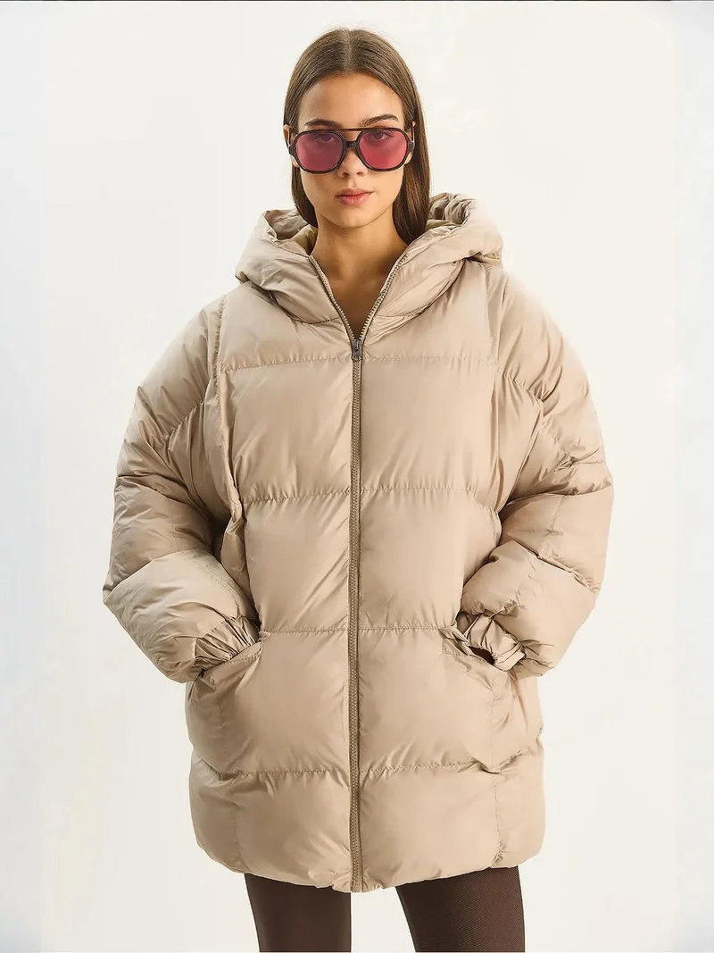 Bianco Lucci Beige Natural LUCCI Hooded Oversized Thick Puffer Jacket for Women | Best Price UAE